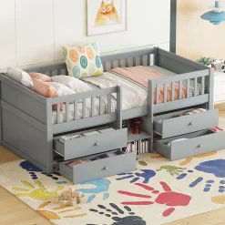 Lit Mi-Haut 90x200cm, 4 Tiroirs, Échelle, Pin, Sans Matelas, Style Minimaliste, Gris