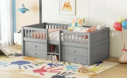 Lit Mi-Haut 90x200cm, 4 Tiroirs, Échelle, Pin, Sans Matelas, Style Minimaliste, Gris