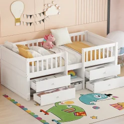 Lit Mi-Haut 90x200cm, 4 Tiroirs, Échelle, Pin, Sans Matelas, Style Minimaliste, Blanc