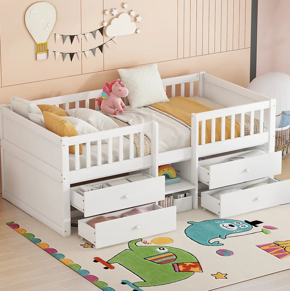 Lit Mi-Haut 90x200cm, 4 Tiroirs, Échelle, Pin, Sans Matelas, Style Minimaliste, Blanc