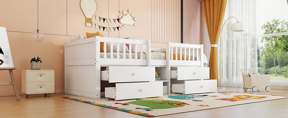 Lit Mi-Haut 90x200cm, 4 Tiroirs, Échelle, Pin, Sans Matelas, Style Minimaliste, Blanc