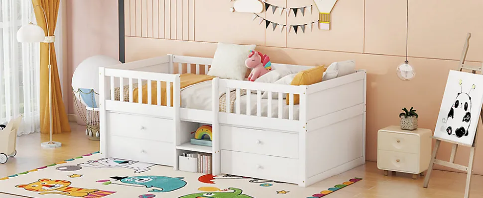 Lit Mi-Haut 90x200cm, 4 Tiroirs, Échelle, Pin, Sans Matelas, Style Minimaliste, Blanc