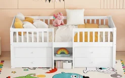 Lit Mi-Haut 90x200cm, 4 Tiroirs, Échelle, Pin, Sans Matelas, Style Minimaliste, Blanc