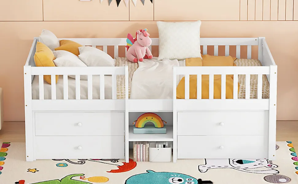 Lit Mi-Haut 90x200cm, 4 Tiroirs, Échelle, Pin, Sans Matelas, Style Minimaliste, Blanc