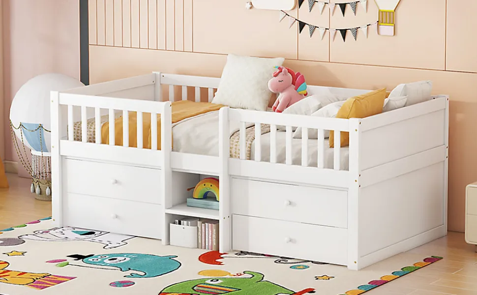 Lit Mi-Haut 90x200cm, 4 Tiroirs, Échelle, Pin, Sans Matelas, Style Minimaliste, Blanc