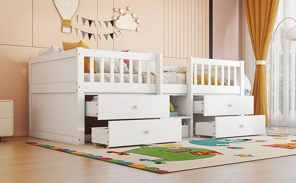 Lit Mi-Haut 90x200cm, 4 Tiroirs, Échelle, Pin, Sans Matelas, Style Minimaliste, Blanc