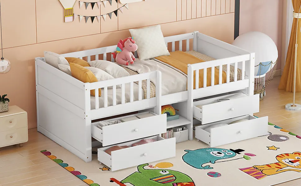 Lit Mi-Haut 90x200cm, 4 Tiroirs, Échelle, Pin, Sans Matelas, Style Minimaliste, Blanc