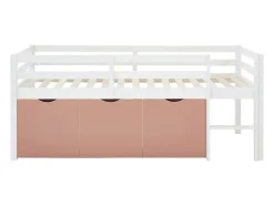 Lit mi-hauteur 90 x 190 cm avec rangement - Pin et MDF - Blanc et rose - LANIORI