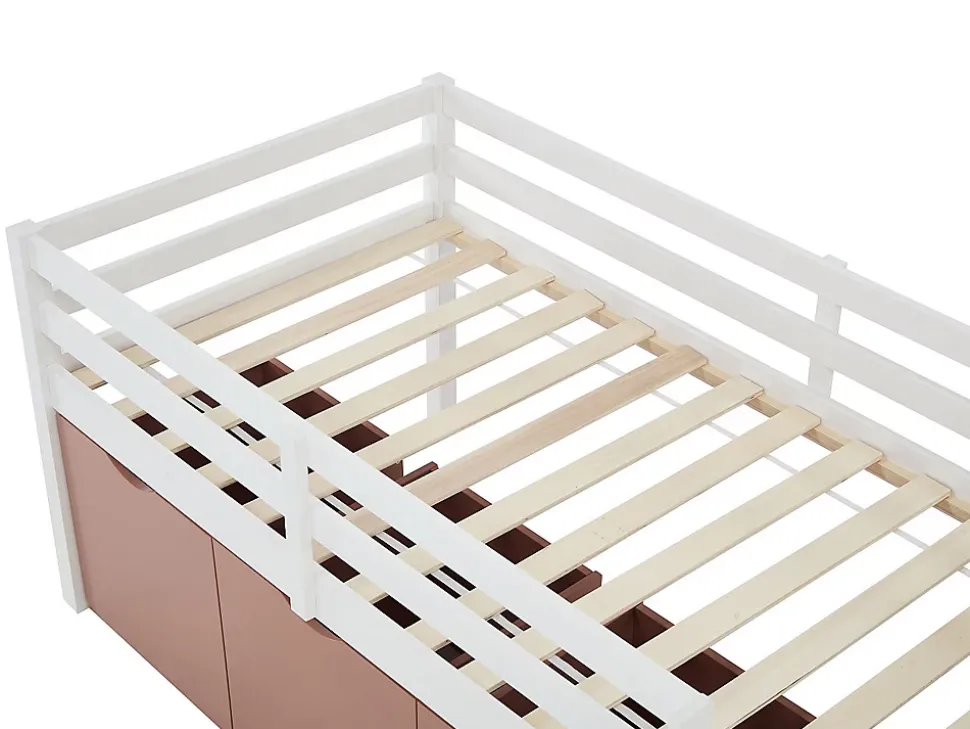 Lit mi-hauteur 90 x 190 cm avec rangement - Pin et MDF - Blanc et rose - LANIORI