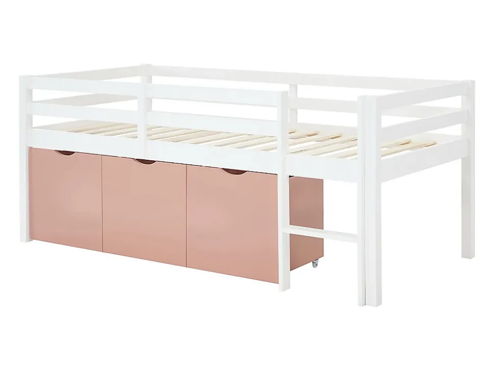 Lit mi-hauteur 90 x 190 cm avec rangement - Pin et MDF - Blanc et rose - LANIORI