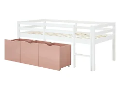 Lit mi-hauteur 90 x 190 cm avec rangement - Pin et MDF - Blanc et rose - LANIORI