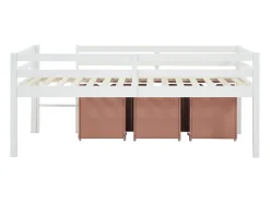 Lit mi-hauteur 90 x 190 cm avec rangement - Pin et MDF - Blanc et rose - LANIORI
