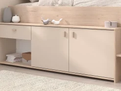 Lit mi-hauteur 90 x 190/200 cm avec rangements - Beige et naturel + Sommier - LUNOBI