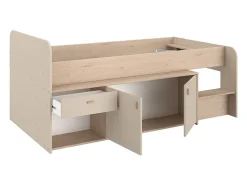 Lit mi-hauteur 90 x 190/200 cm avec rangements - Beige et naturel + Sommier - LUNOBI