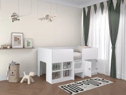 Lit mi-hauteur 90 x 190 cm avec rangements - Coloris : Blanc - BOUTANIO