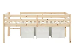 Lit mi-hauteur 90 x 190 cm avec rangement - Pin et MDF - Coloris : Naturel et blanc + Matelas - LANIORI