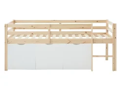 Lit mi-hauteur 90 x 190 cm avec rangement - Pin et MDF - Coloris : Naturel et blanc + Matelas - LANIORI