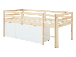 Lit mi-hauteur 90 x 190 cm avec rangement - Pin et MDF - Coloris : Naturel et blanc + Matelas - LANIORI