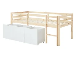 Lit mi-hauteur 90 x 190 cm avec rangement - Pin et MDF - Coloris : Naturel et blanc + Matelas - LANIORI