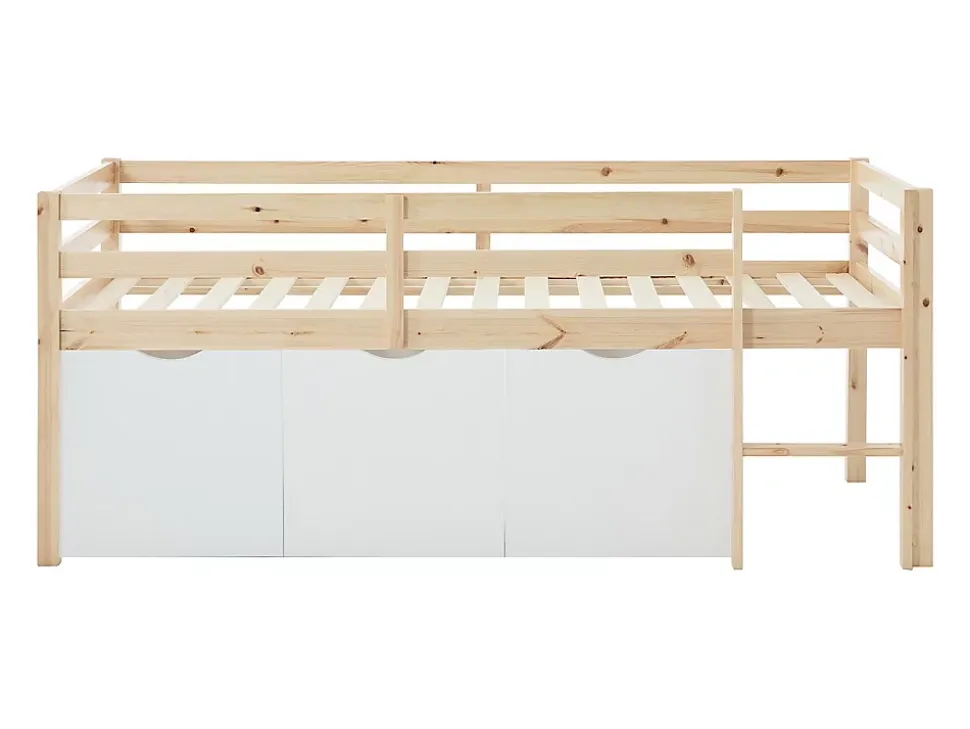 Lit mi-hauteur 90 x 190 cm avec rangement - Pin et MDF - Coloris : Naturel et blanc - LANIORI