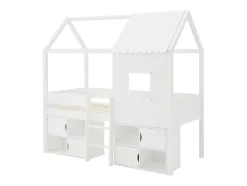 Lit mi-hauteur cabane 90 x 190 cm - Pin et MDF - Blanc - VALESKIA