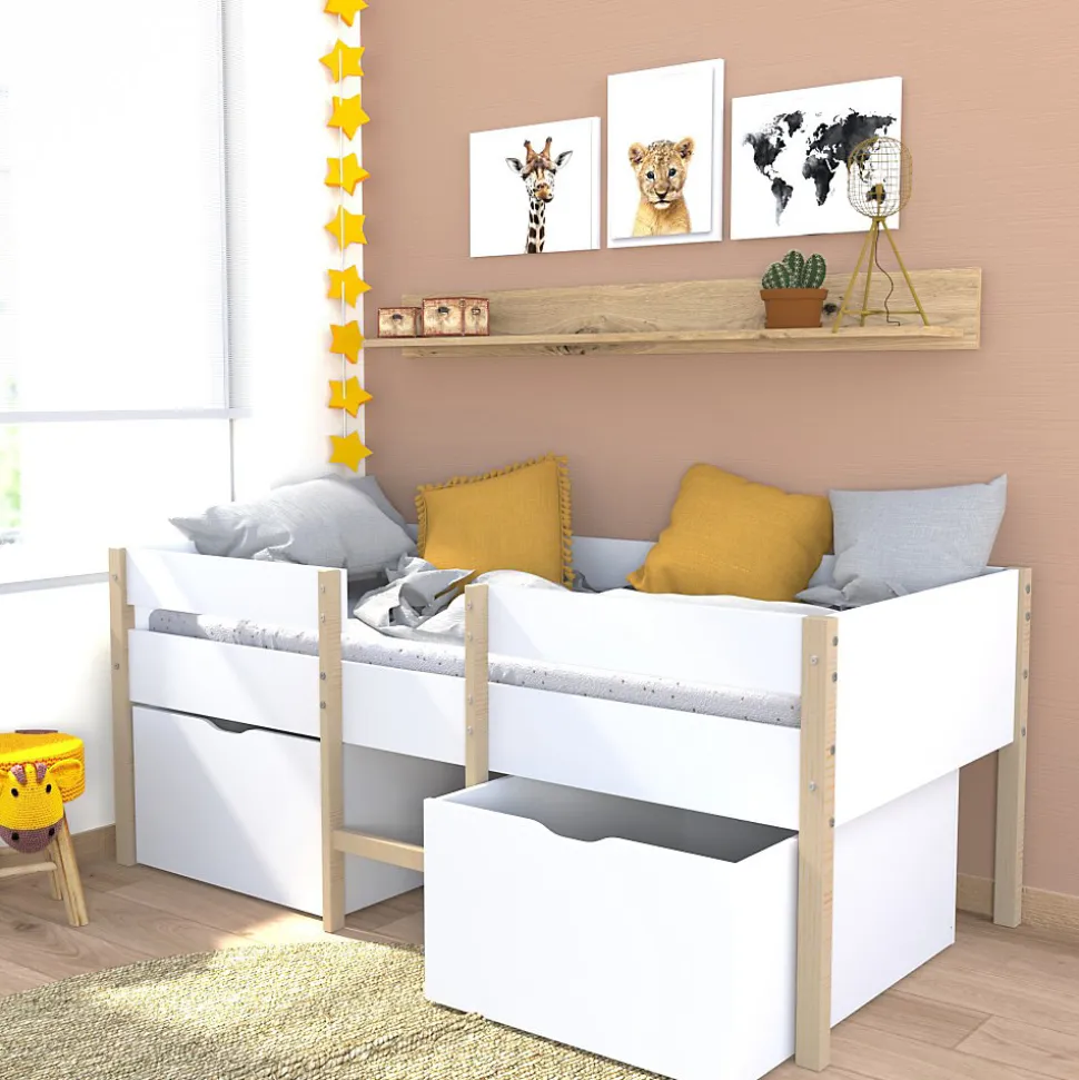 Lit mi-hauteur SISSY - 2 tiroirs - 90 x 190 cm - Blanc et chêne