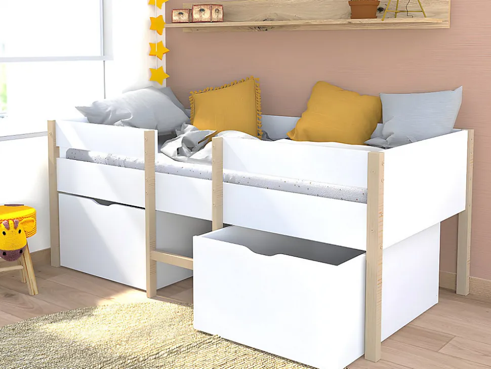 Lit mi-hauteur SISSY - 2 tiroirs - 90 x 190 cm - Blanc et chêne