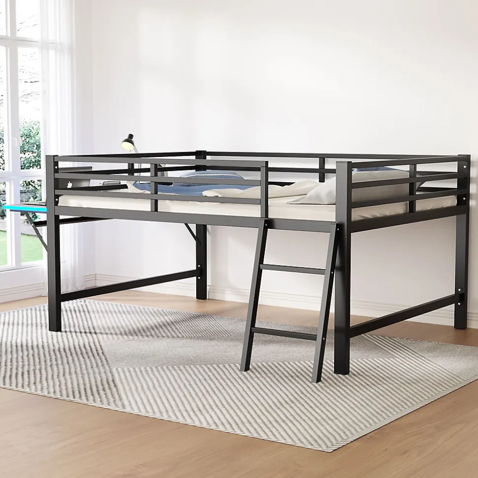 Lit mi-hauteur 140x200 cm avec étagères et éclairage LED télécommande - lit enfant/ado gain de place - sans matelas - Noir