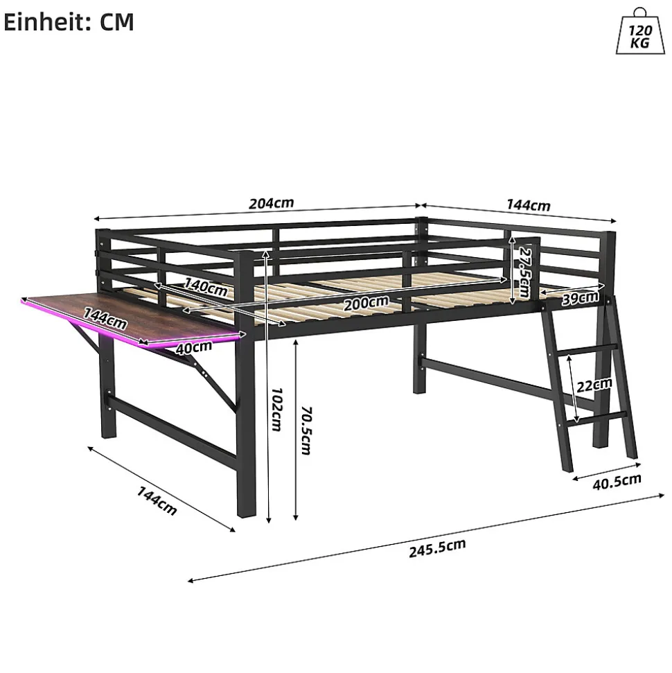 Lit mi-hauteur 140x200 cm avec étagères et éclairage LED télécommande - lit enfant/ado gain de place - sans matelas - Noir