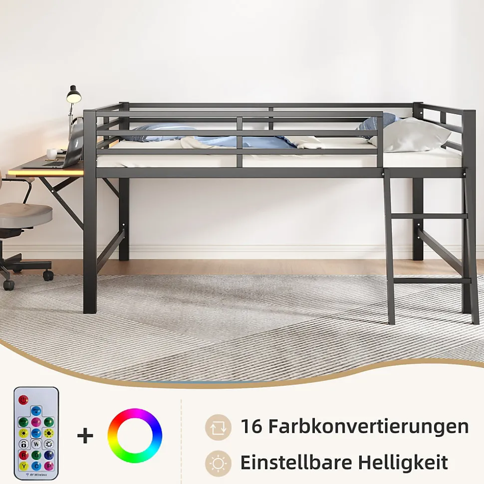 Lit mi-hauteur 140x200 cm avec étagères et éclairage LED télécommande - lit enfant/ado gain de place - sans matelas - Noir