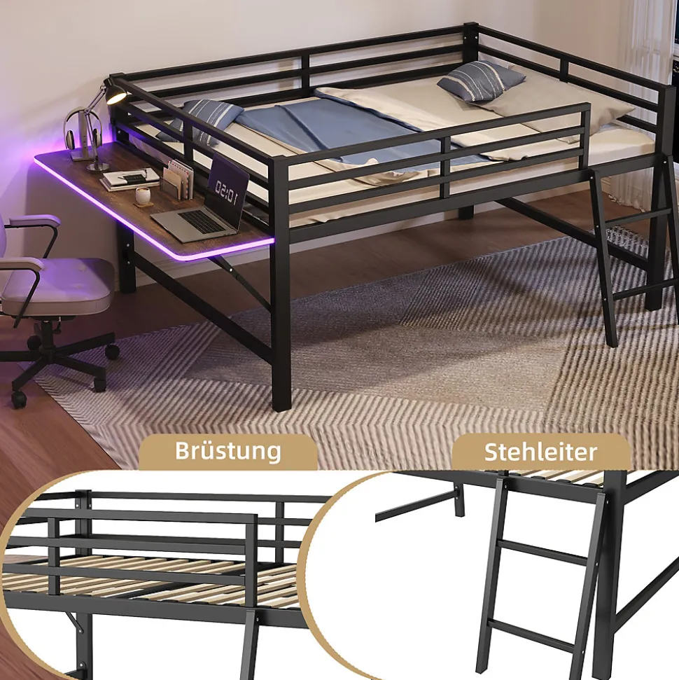 Lit mi-hauteur 140x200 cm avec étagères et éclairage LED télécommande - lit enfant/ado gain de place - sans matelas - Noir