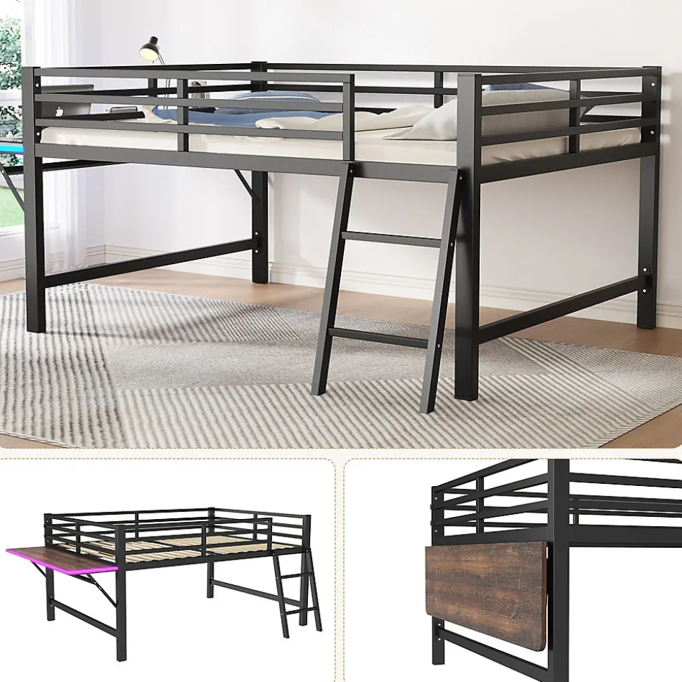 Lit mi-hauteur 140x200 cm avec étagères et éclairage LED télécommande - lit enfant/ado gain de place - sans matelas - Noir