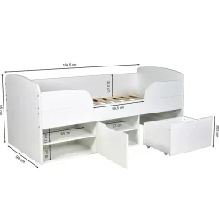 Lit mi-hauteur 90x190 cm ELIO avec sommier et rangements / Blanc