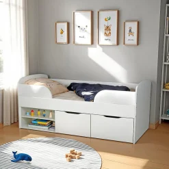 Lit mi-hauteur 90x190 cm ELIO avec sommier et rangements / Blanc