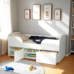 Lit mi-hauteur 90x190 cm ELIO avec sommier et rangements / Blanc