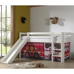 Lit Mi-Hauteur 90x200 Toboggan sommier inclus housse Pompier Vipack Pino Blanc