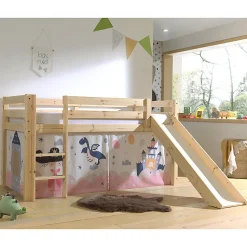 Lit Mi-Hauteur 90x200 Toboggan sommier inclus housse Fairy Vipack Pino Bois