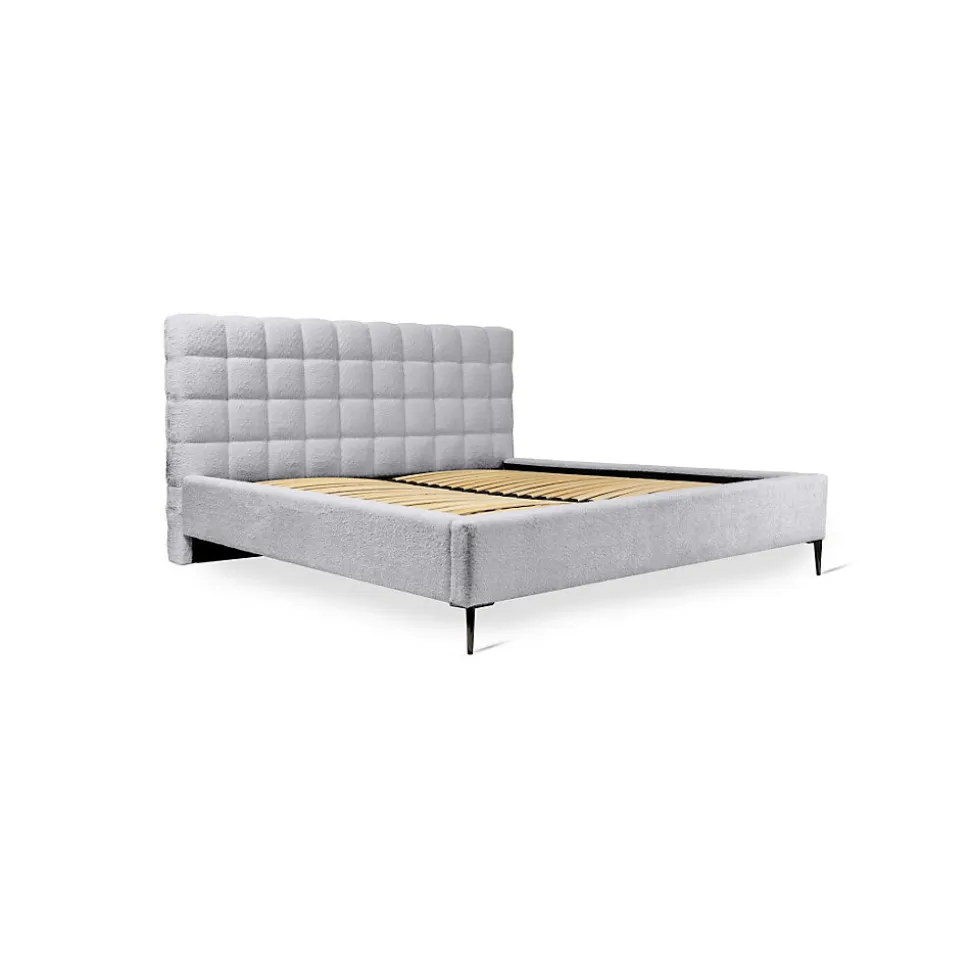 Lit MILLIO Blanc 160x200 cm Tissu chenille bouclé Sommier inclus Confort hôtel 5 étoiles