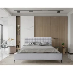 Lit MILLIO Blanc 160x200 cm Tissu chenille bouclé Sommier inclus Confort hôtel 5 étoiles