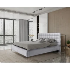 Lit MILLIO Blanc 140x200 cm Tissu chenille bouclé Sommier inclus Confort hôtel 5 étoiles