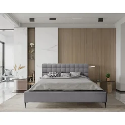 Lit MILLIO Gris anthracite 140x200 cm Tissu chenille bouclé Sommier inclus Confort hôtel 5 étoiles