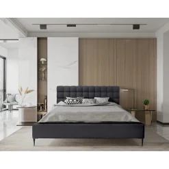 Lit MILLIO Noir 180x200 cm Tissu chenille bouclé Sommier inclus Confort hôtel 5 étoiles