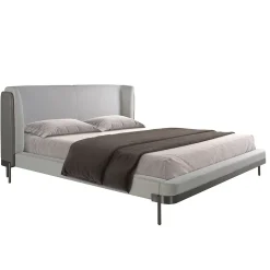 Lit moderne en tissu gris clair et similicuir noir pour chambre élégante