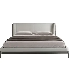 Lit moderne en tissu gris clair et similicuir noir pour chambre élégante