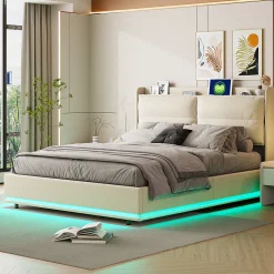 Lit Moderne Rectangulaire 160x200 Cm Avec Sommier à Lattes, Rembourré, USB Et Type-c, Coffre, Beige