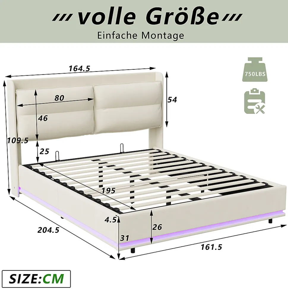 Lit Moderne Rectangulaire 160x200 Cm Avec Sommier à Lattes, Rembourré, USB Et Type-c, Coffre, Beige