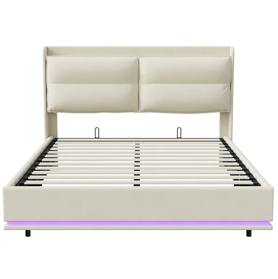 Lit Moderne Rectangulaire 160x200 Cm Avec Sommier à Lattes, Rembourré, USB Et Type-c, Coffre, Beige