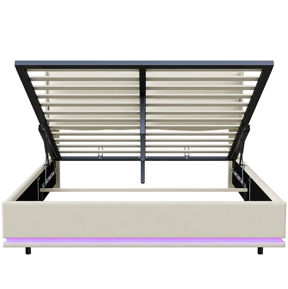 Lit Moderne Rectangulaire 160x200 Cm Avec Sommier à Lattes, Rembourré, USB Et Type-c, Coffre, Beige