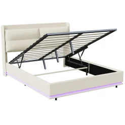 Lit Moderne Rectangulaire 160x200 Cm Avec Sommier à Lattes, Rembourré, USB Et Type-c, Coffre, Beige