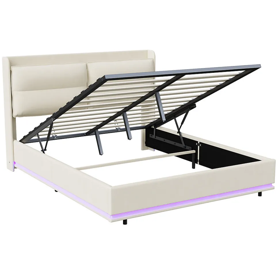 Lit Moderne Rectangulaire 160x200 Cm Avec Sommier à Lattes, Rembourré, USB Et Type-c, Coffre, Beige